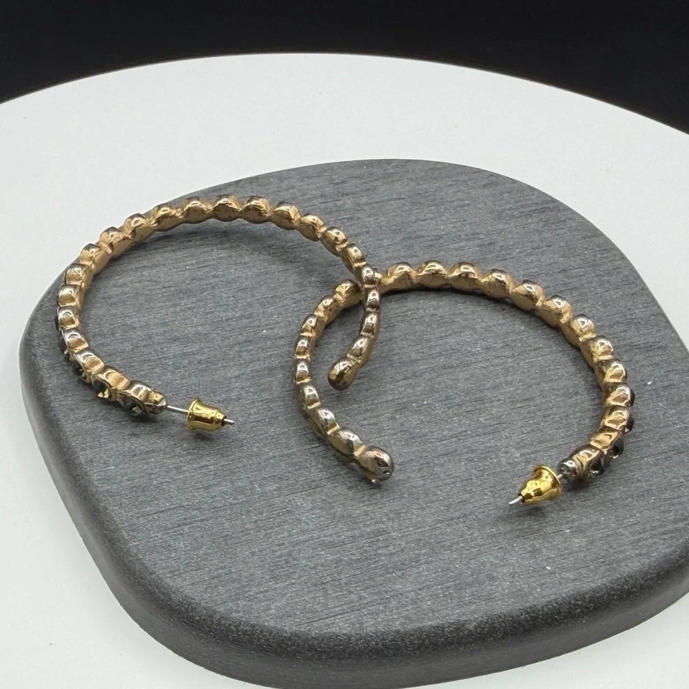 Gold Tone Smoky Gray Rhinestone Large Hoop Earrings Statement Costume Jewelry